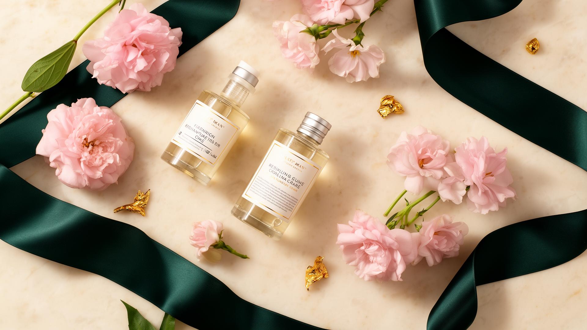 Linha de cuidados íntimos Florize em ambiente elegante com flores e fitas douradas
